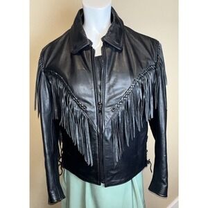 Vintage 80s First Genuine Leather Women's lined Fringe Moto Jacket Black Medium